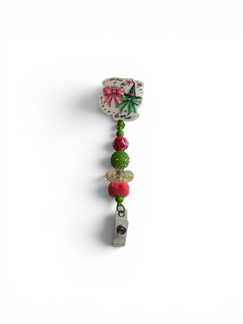 Beaded Badge Reel with Pink and Green Accents